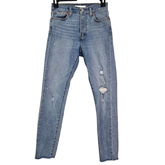 Levi's Wedgie Skinny Button Fly Raw Hem Distressed Jean Blue Spice 25 - Picture 2 of 14